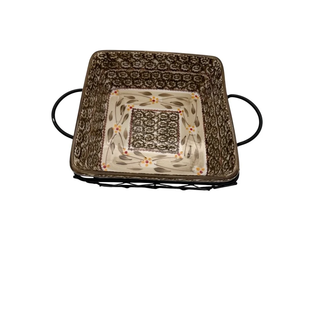 Temp-tations Old World Brown Floral Ceramic Square Baker & Metal Serving Rack